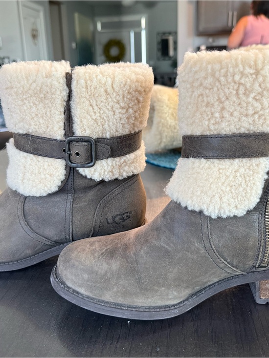 UGG Shoes - UGG Brown Suede Shearling Cuff Ankle Boots with Buckle